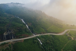 A lush green valley with a waterfall, terraced fields, and a winding road. - Misty Courtyard Resort (Chinnakanal)