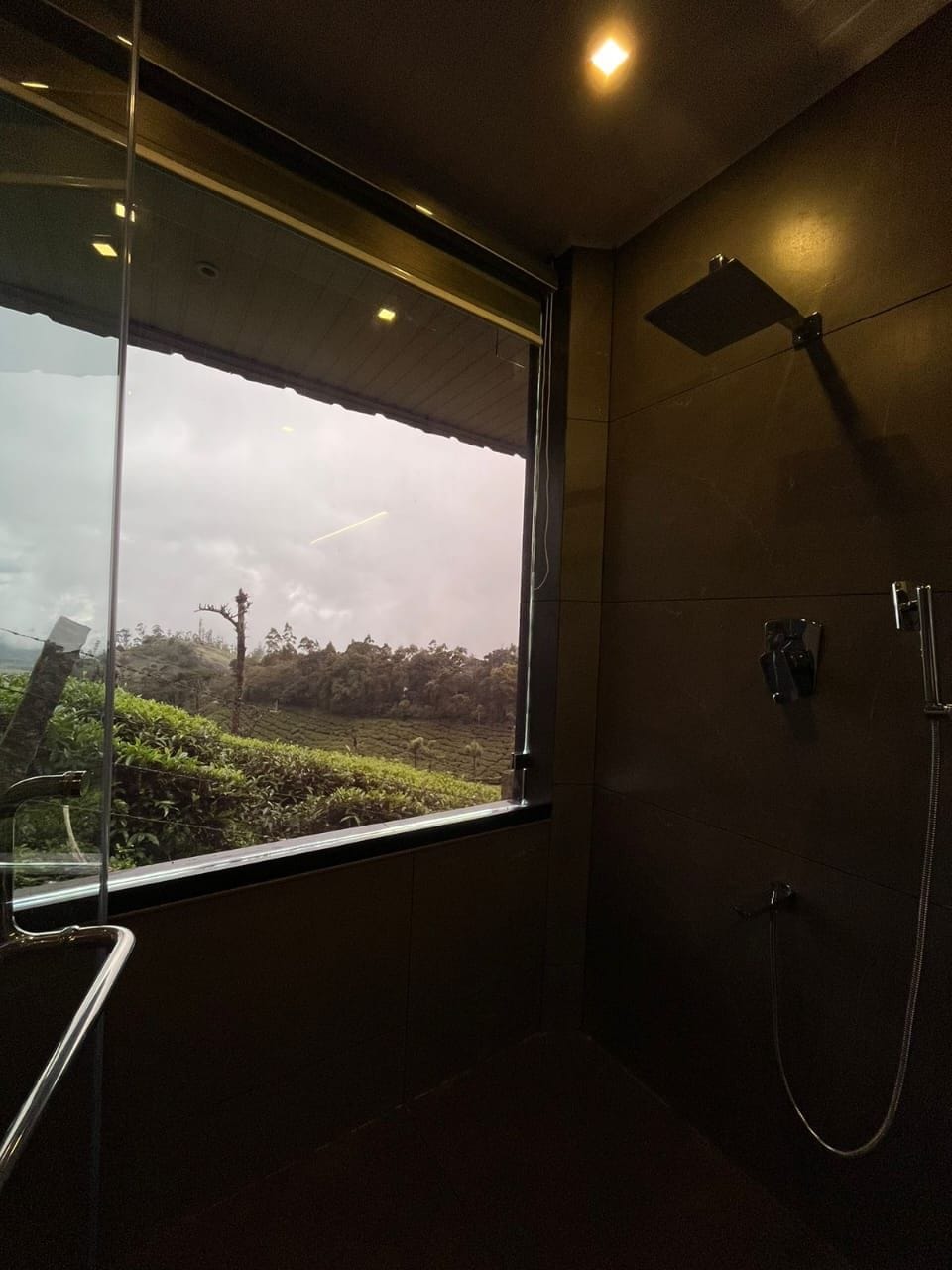 A bathroom with a large window, a shower, and a view of a green landscape.