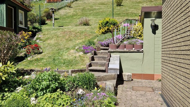 Un sendero en un jardín que conduce a una casa con pared exterior verde y camino de ladrillo.