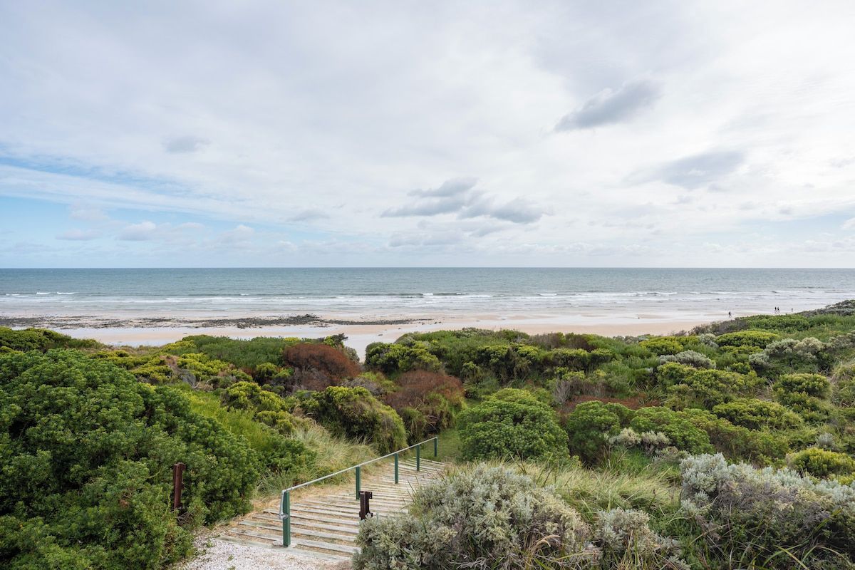 A coastal landscape with a beach, dense greenery, and a staircase leading down to the shore.