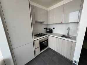 Una cocina compacta con estufa a gas, horno y lavaplatos.