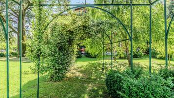 Um jardim com um arco de metal verde, cercado por vegetação exuberante e um gramado.
