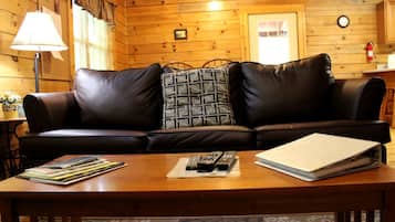 A wooden interior with a leather sofa, a lamp, a table with magazines and remote controls, and a fire extinguisher.