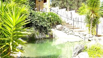 Ein Garten mit Teich, Holzzaun und einem Gebäude mit Satteldach.