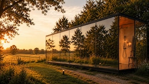 A modern glass structure with a shower and an easel, surrounded by trees and a field.