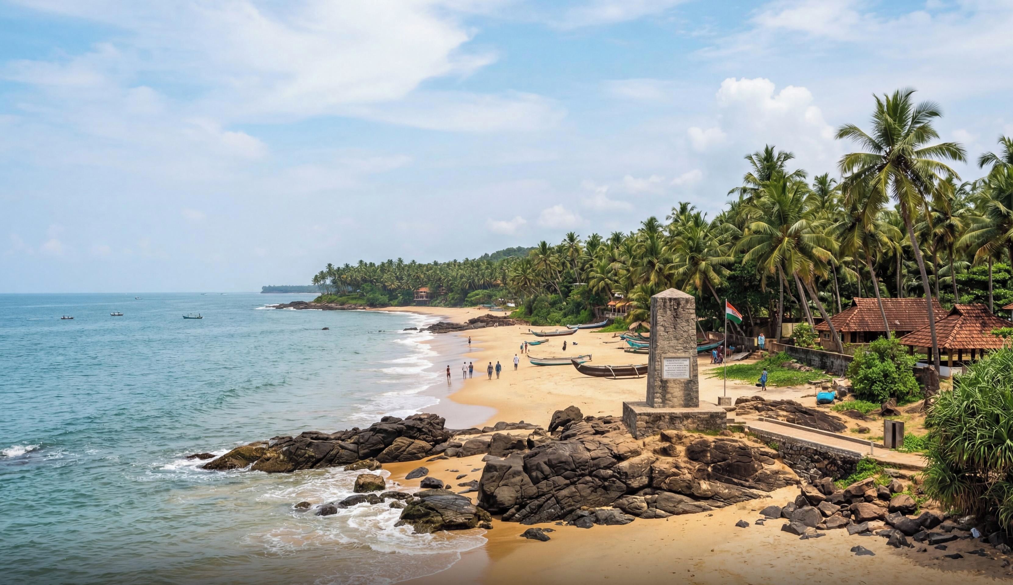 Una playa con un monumento de piedra, palmeras y barcos.