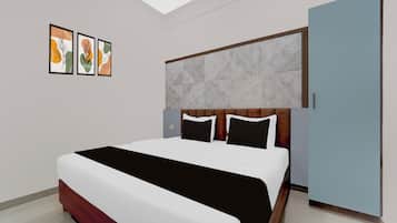 Un dormitorio moderno con una cama grande, un cabecero con diseño geométrico y tres obras de arte enmarcadas en la pared.
