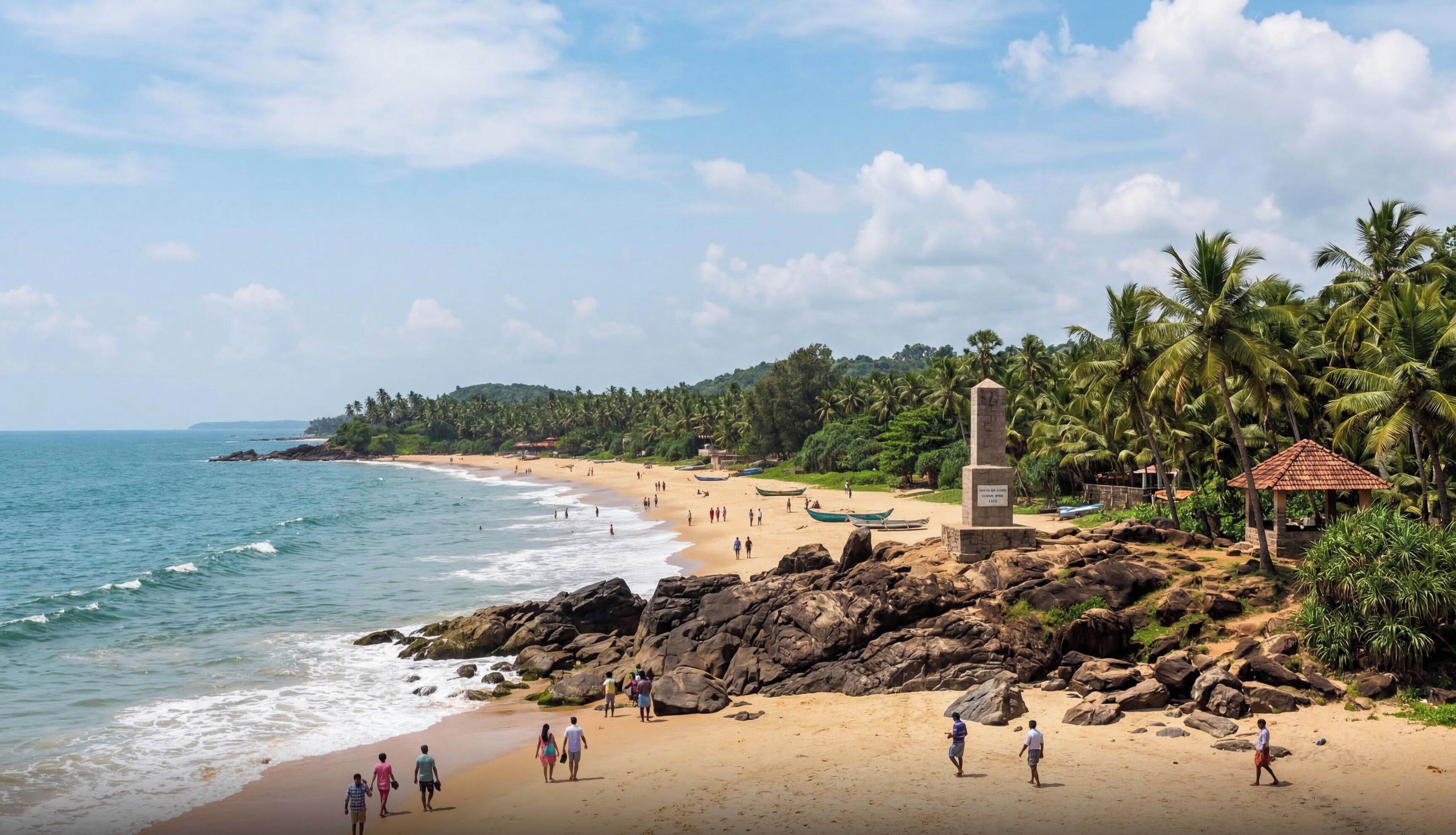 Una playa con costa rocosa, palmeras y un monumento.