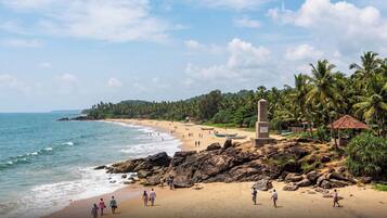 Una playa con costa rocosa, palmeras y un monumento.