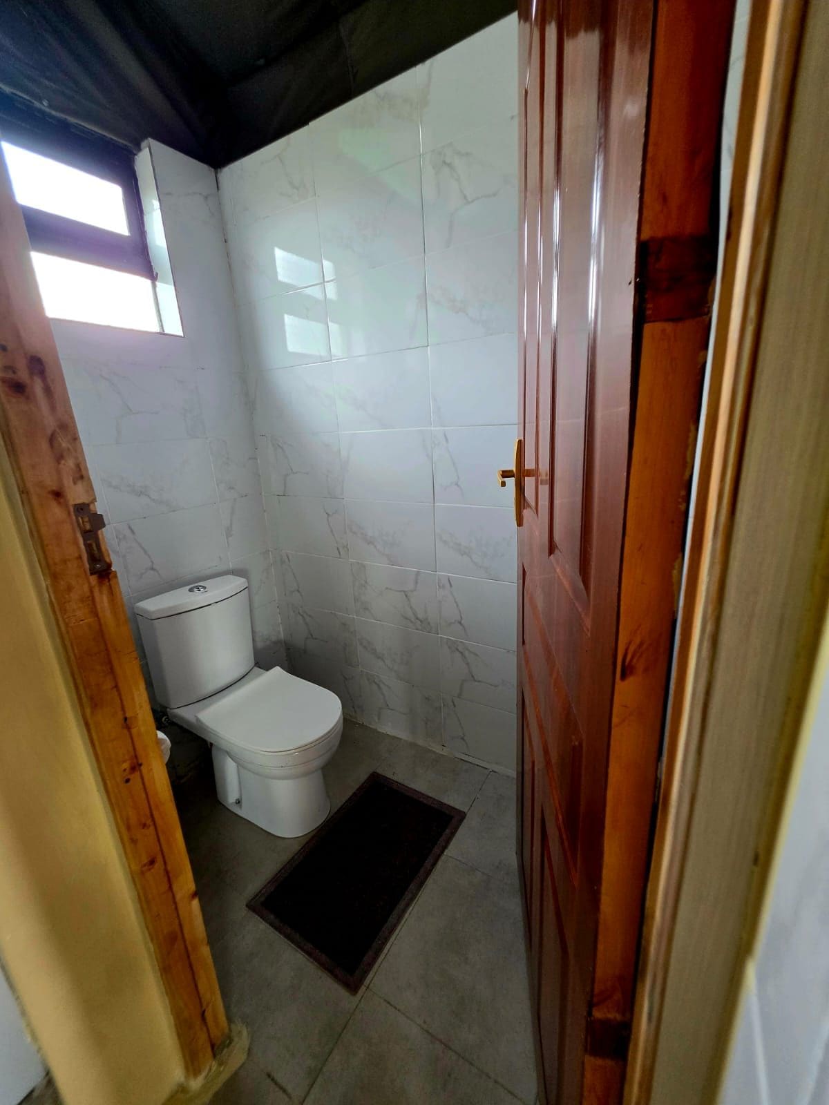 A small bathroom with a toilet, a shower, and a wooden door.
