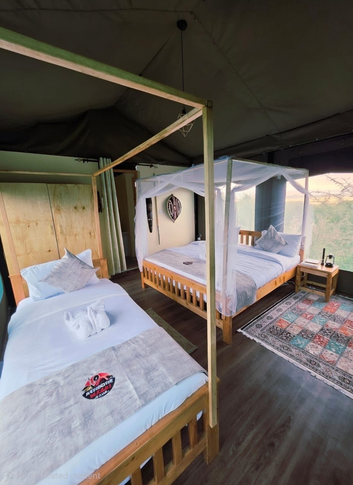 Una habitación con dos camas, cada una con dosel, cabecero de madera y mesita de noche con lámpara.