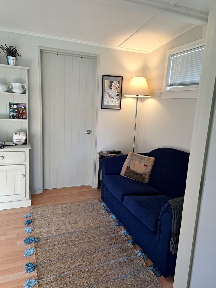 A room with a blue sofa, a white cabinet, a lamp, and a door.