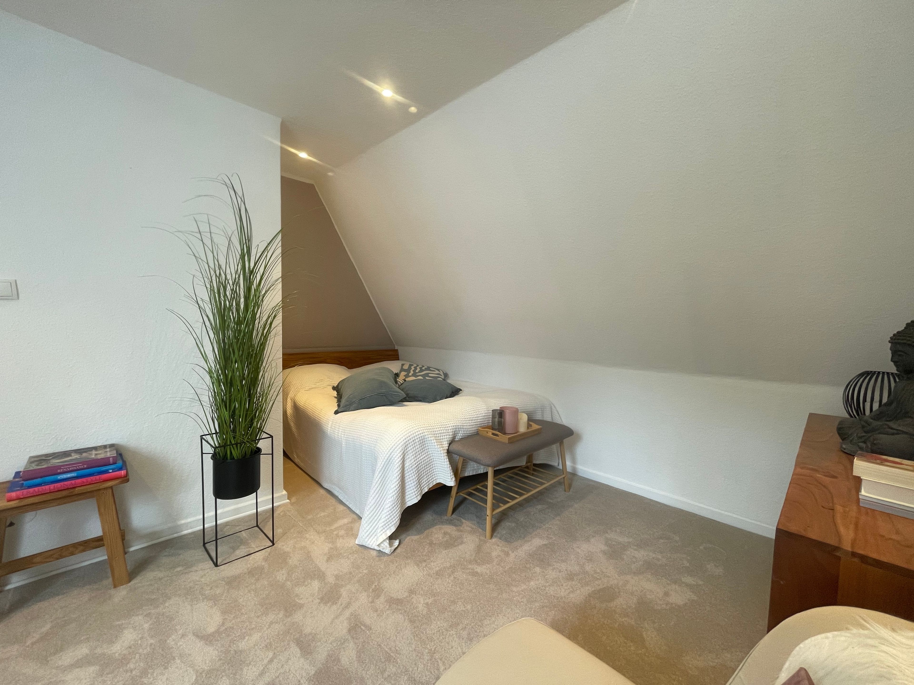 A bedroom with a bed, bedside table, lamp, and a potted plant.