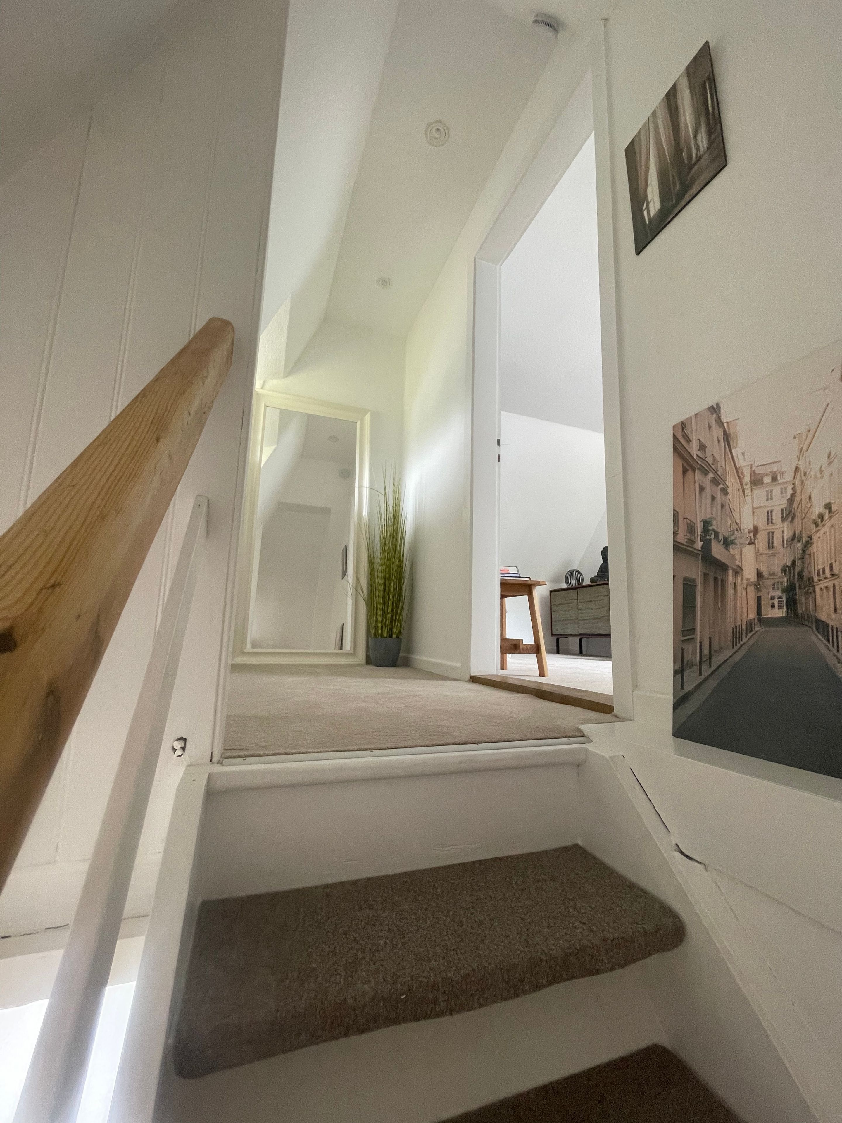 Una escalera con barandilla de madera que lleva a una plataforma. Hay una planta en maceta sobre la plataforma y un cuadro enmarcado en la pared.