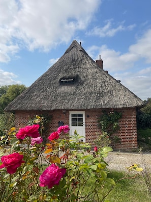 A thatched-roof cottage with a brick facade, a white door, and a small window. - Cottage under Thatch: Shared Terrace, Garden, Wi-Fi, Near Beach, Designer Furnishings (Schashagen)