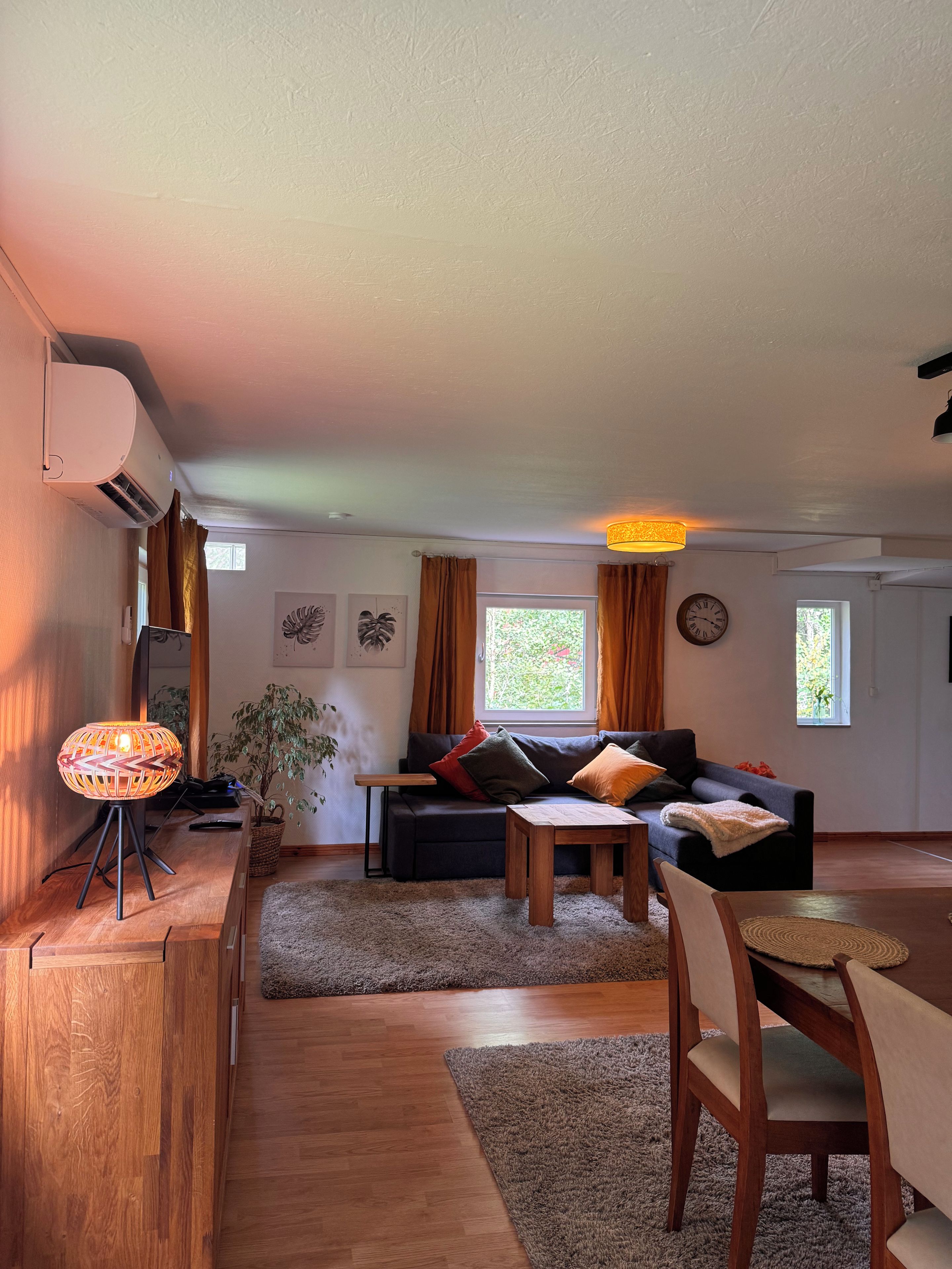 A living room with a sofa, coffee table, and a dining area with chairs. There is a lamp, a plant, and a window with curtains.