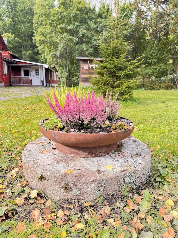 A garden with a flower bed on a stone base, surrounded by grass and fallen leaves.
