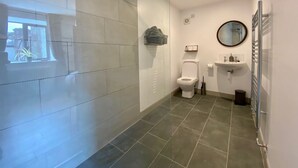 A bathroom with a toilet, sink, and mirror. - Secluded converted stables in the heart of the Mourne Mountains. Pet friendly! (Bryansford)