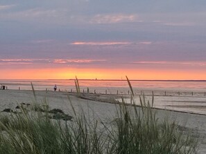A beach with a fence, grass, and a person walking. - House No. 14, Fischerhus (Wangerland)