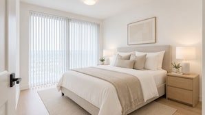 Quarto com cama, abajures, mesa de cabeceira, quadro na parede e janela com persianas.