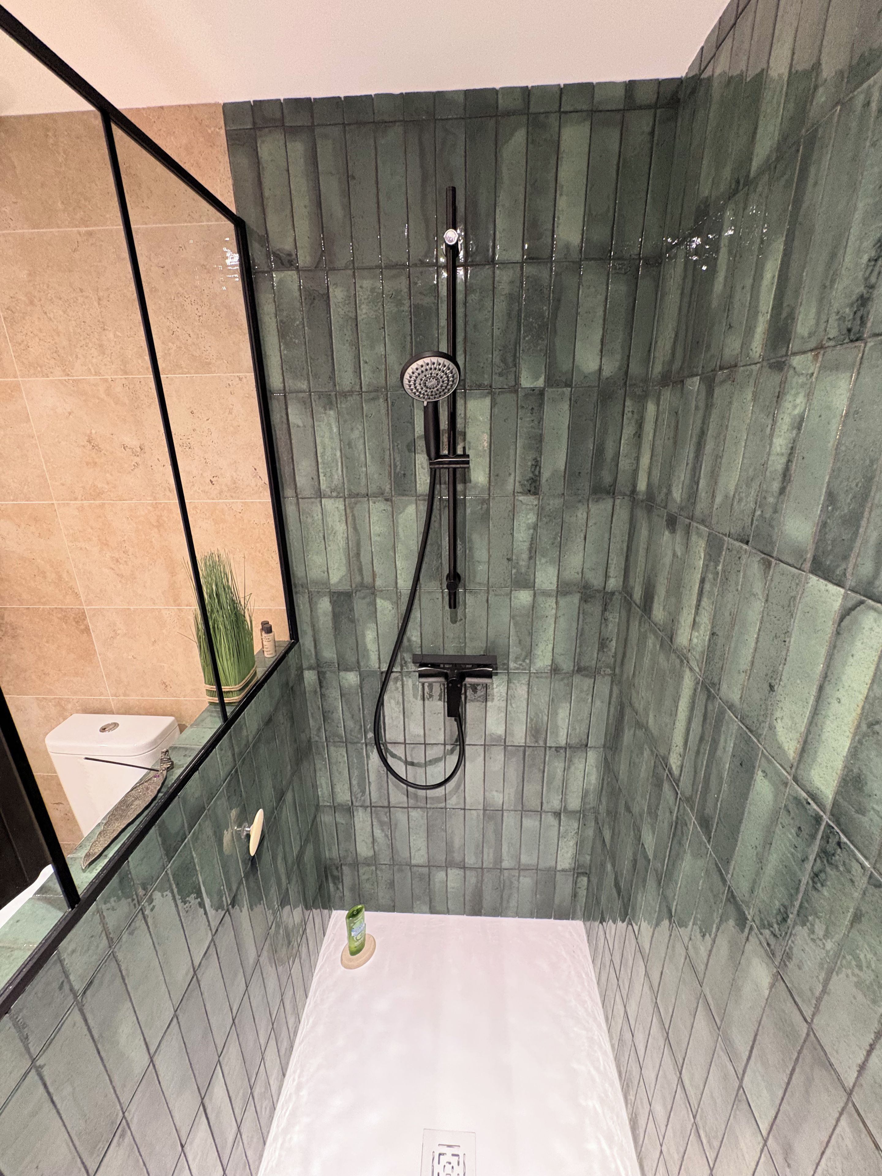A bathroom with a glass-enclosed shower, a toilet, and a sink.