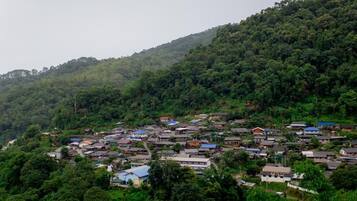 A hillside village with traditional houses, dense greenery, and a hilly backdrop.