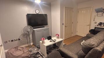 A living room with a sofa, a TV, a small table with flowers, and a fan.