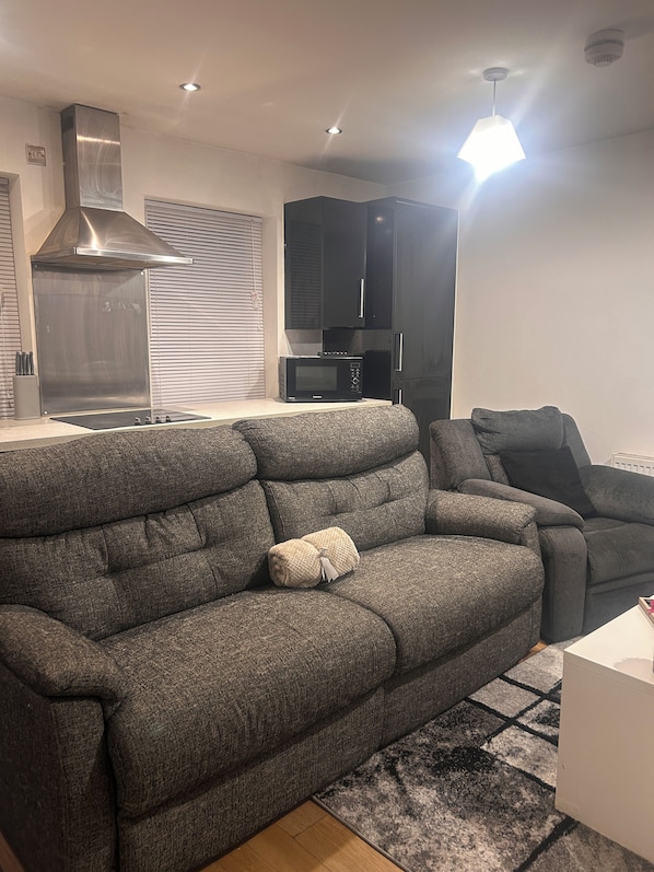 A modern living room with a grey sofa, a flat-screen TV, and a built-in microwave.