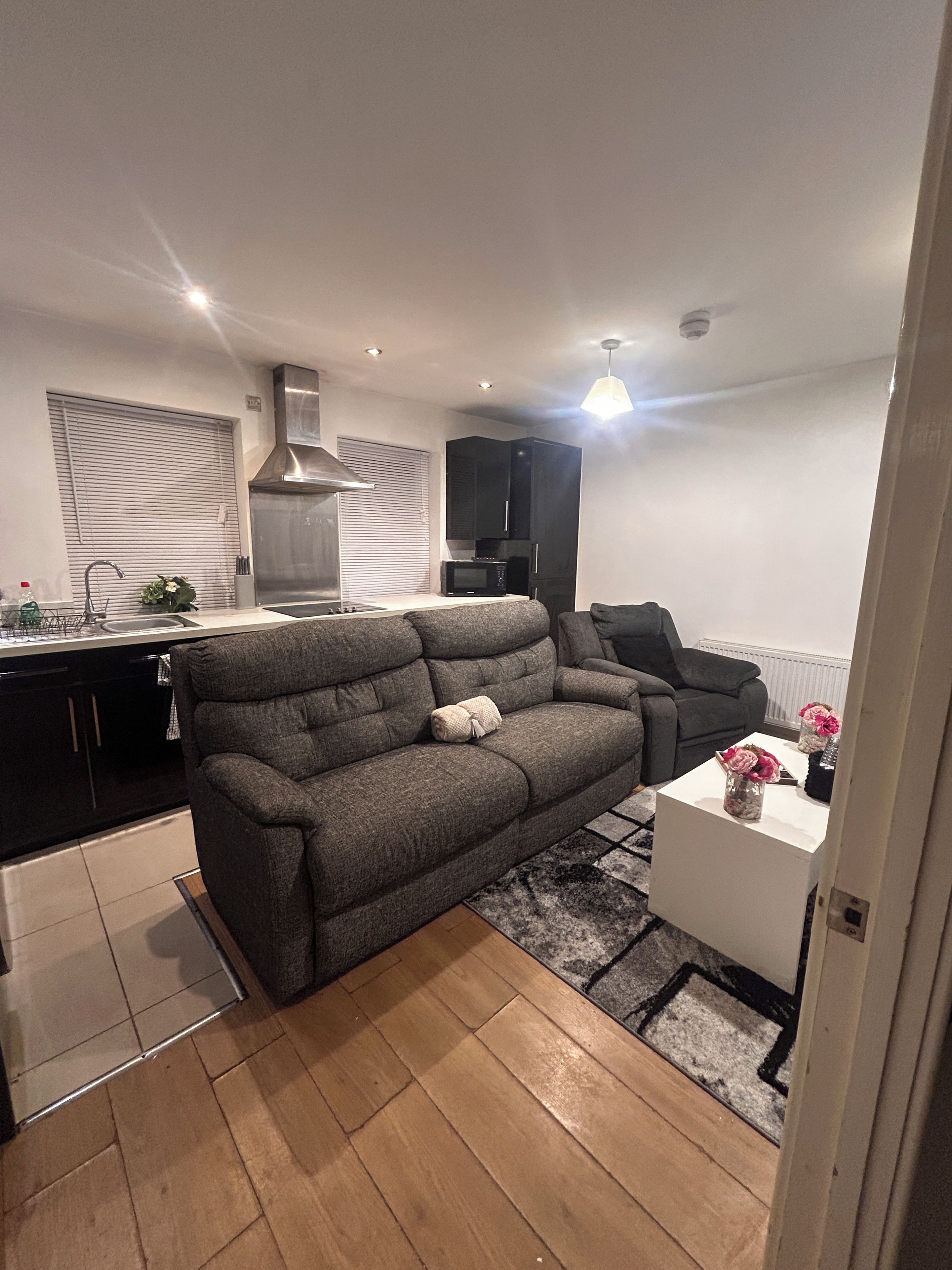 Ein gemütlicher Wohnbereich mit Küchenzeile, einer Couch, einem Couchtisch und einem kleinen Teppich.
