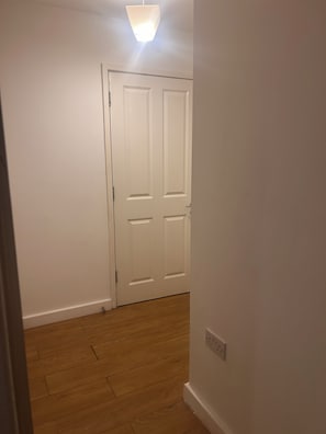 A hallway with a white door, wooden flooring, and a light fixture on the ceiling.