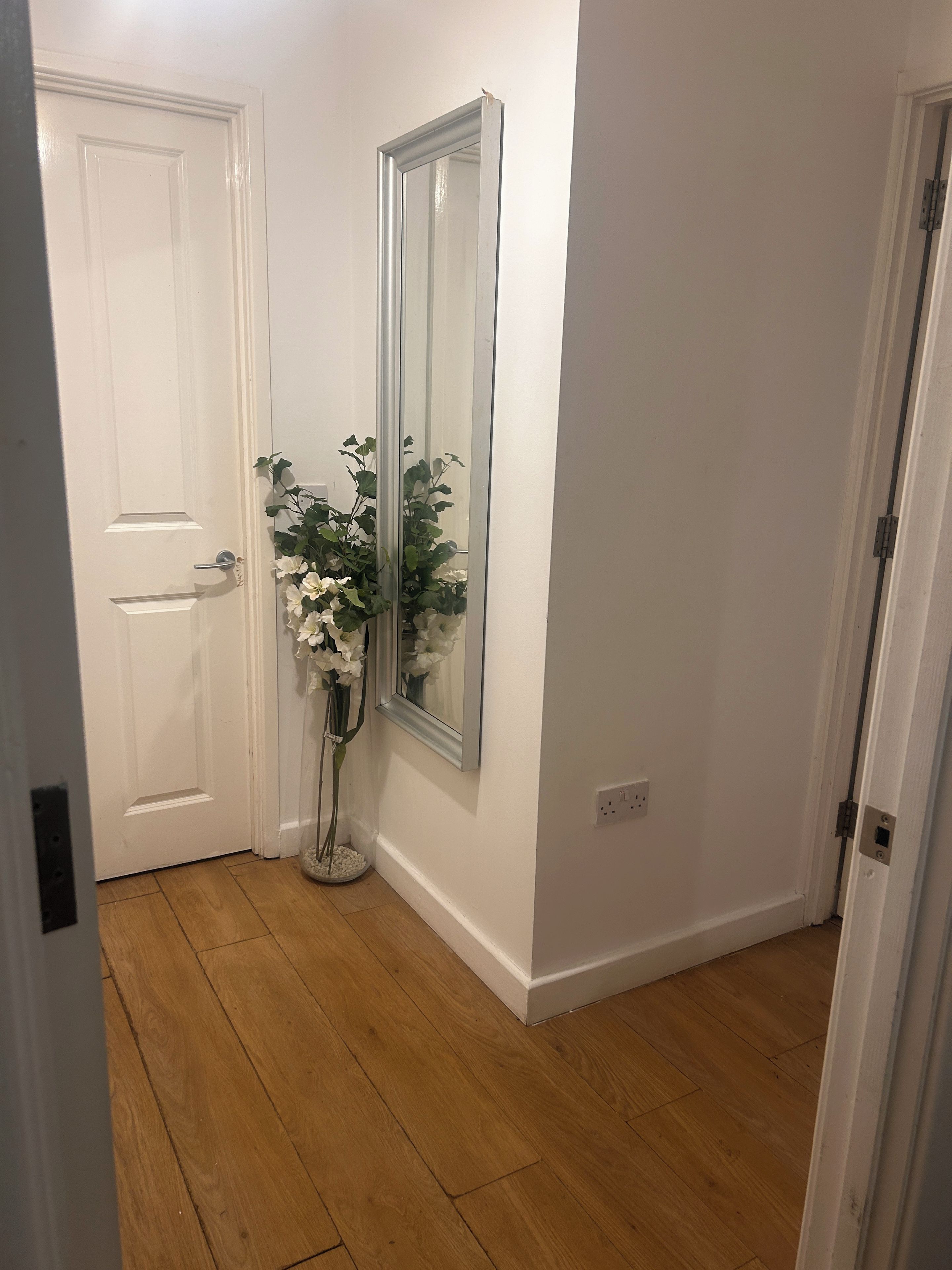A hallway with a white door, a mirror, and a vase with white flowers.