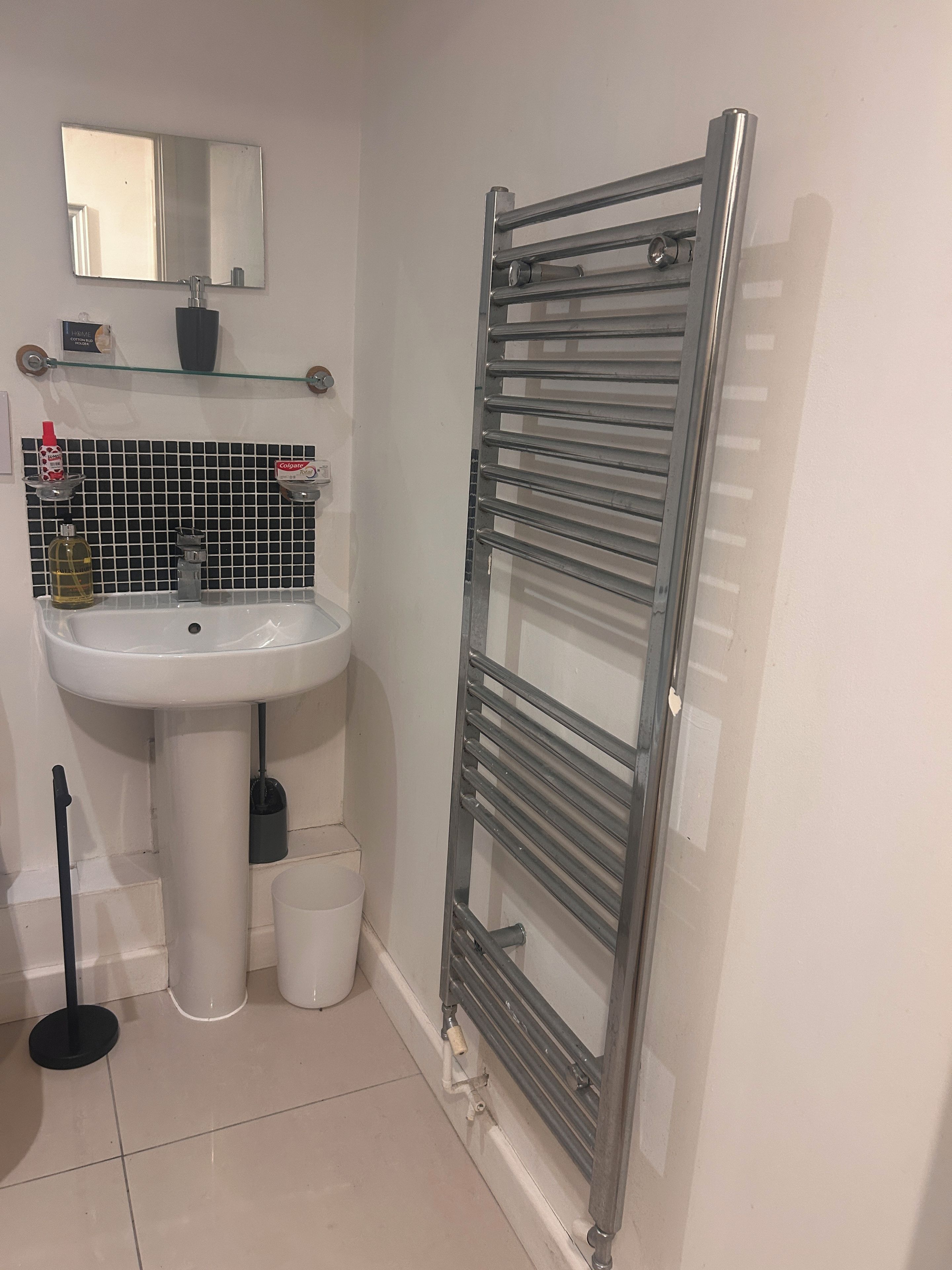 A bathroom with a white sink, mirror, and a towel rack.