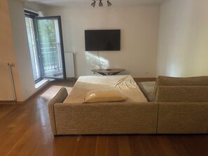 Ein Schlafzimmer mit einem Bett, einem Fernseher, einem Fenster und einer Tür.