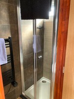 A glass-enclosed shower stall with a towel rack to the left.