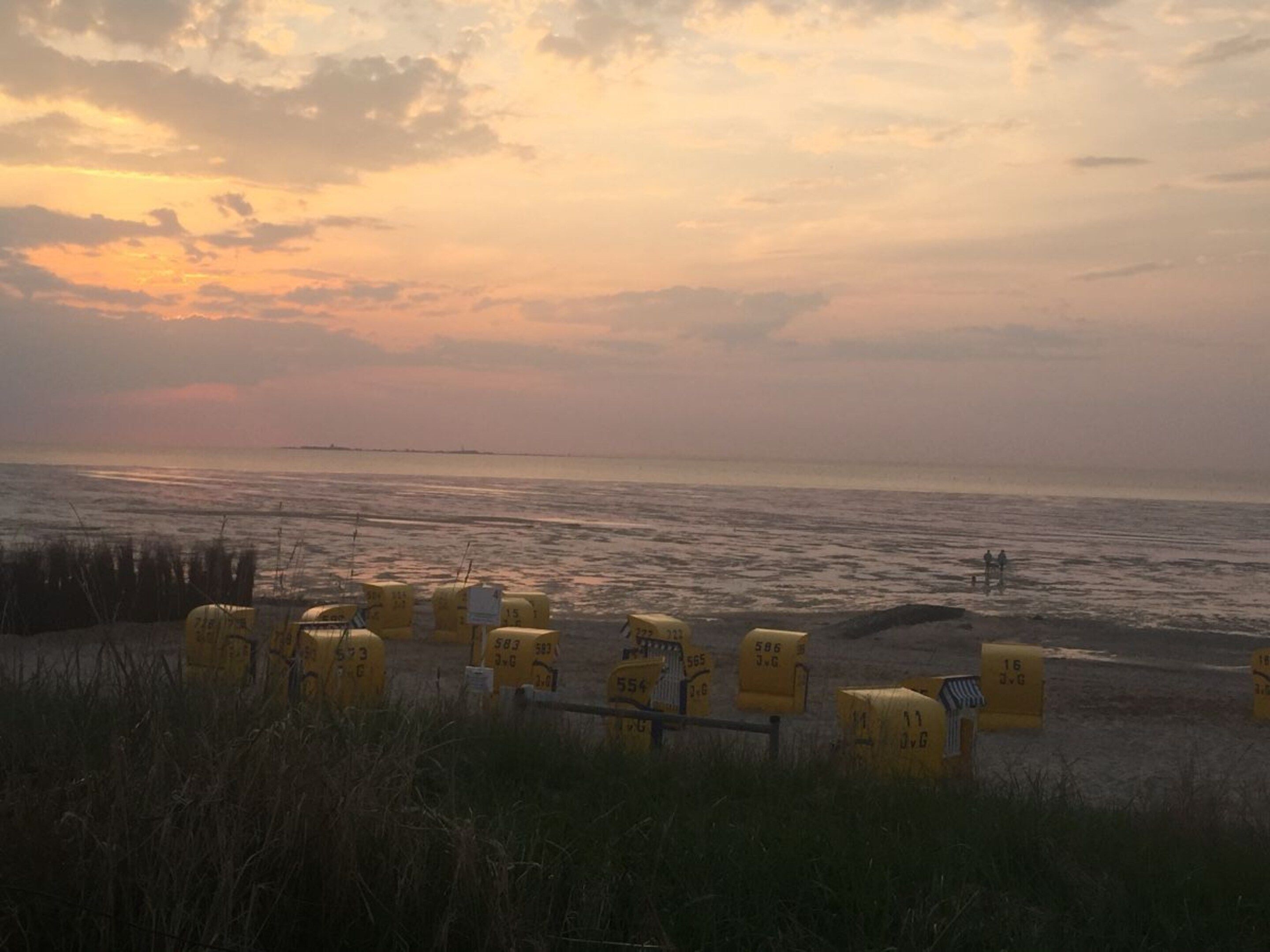 A beach scene with yellow barrels and a distant ship on the horizon.