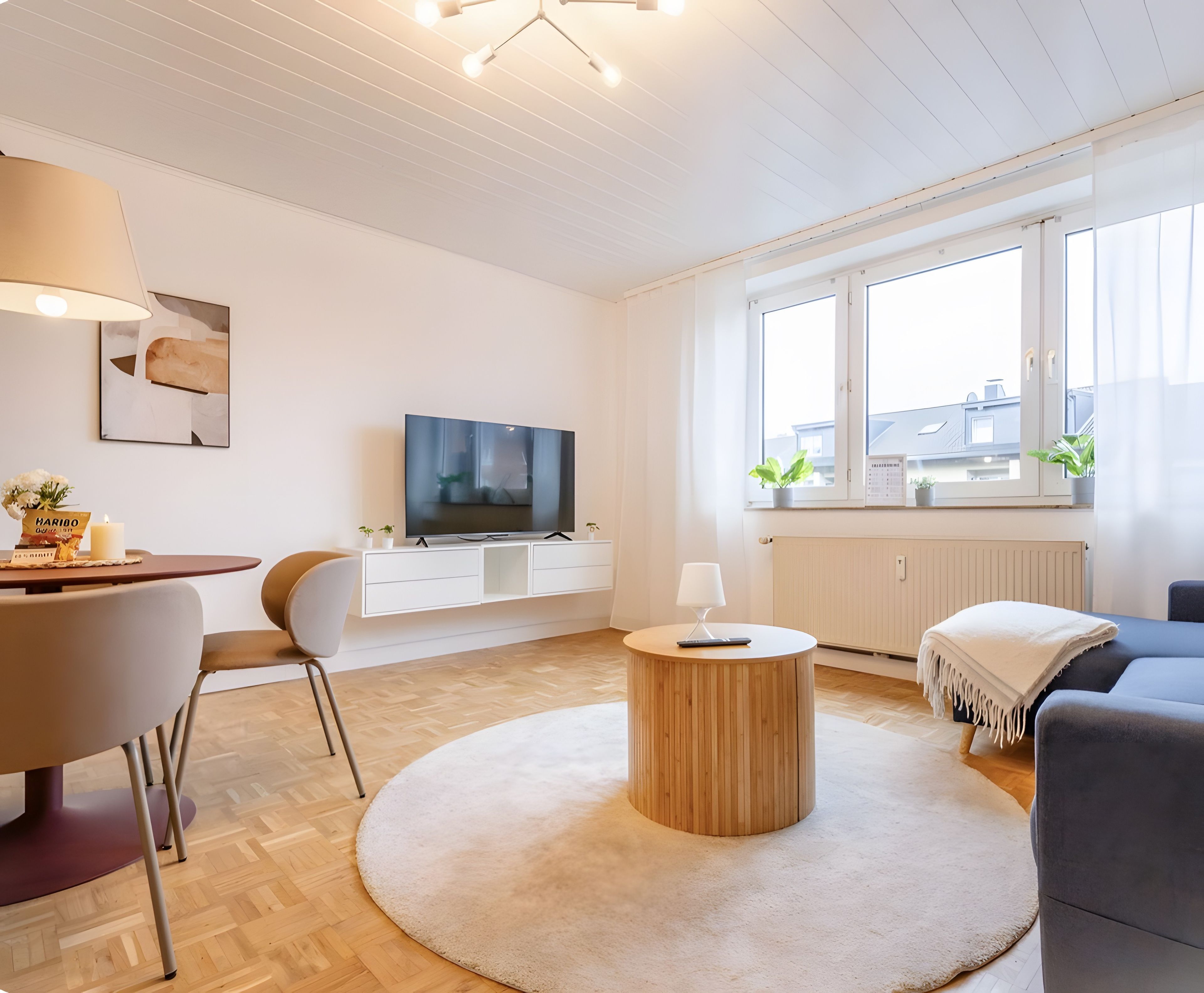 Una sala de estar moderna con un televisor de pantalla plana, una mesa de centro redonda de madera, un sofá, una mesa de comedor con sillas y una ventana con cortinas.