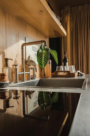 Uma cozinha moderna com uma pia de aço inoxidável, bancada de madeira e um vaso com planta.