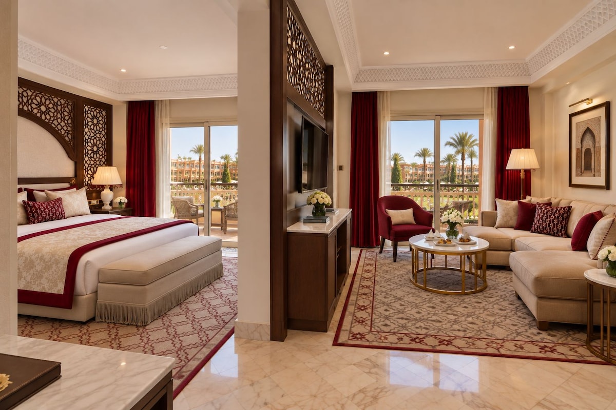 A hotel room with a bed, a sofa, a TV, and a balcony with a view.