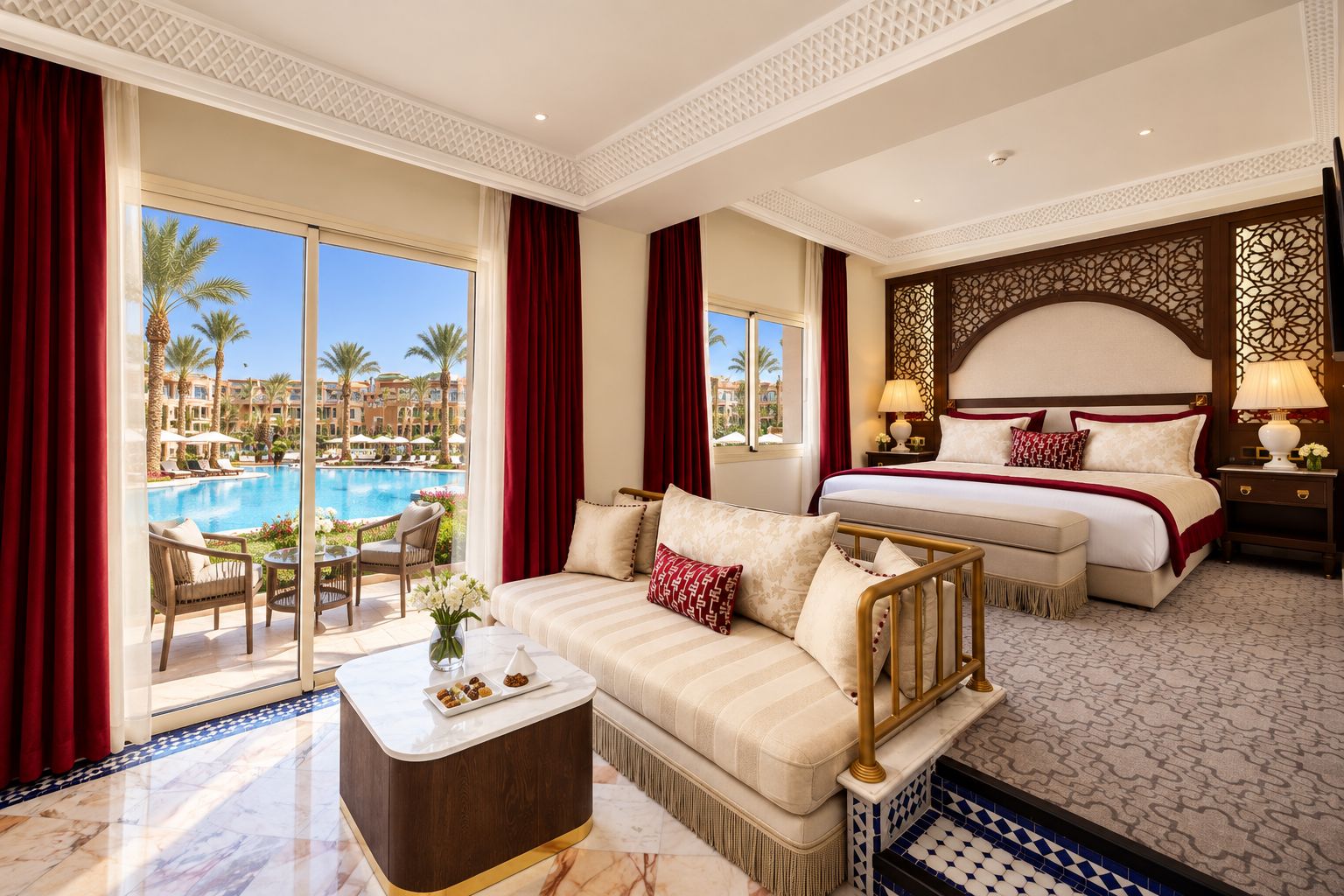 A hotel room with a bed, a sofa, a dining table, and a view of a swimming pool.