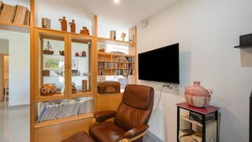 Sala de estar com poltrona de couro, estante repleta de livros e objetos decorativos, televisão de tela plana na parede e lareira com espaço para lenha embaixo.