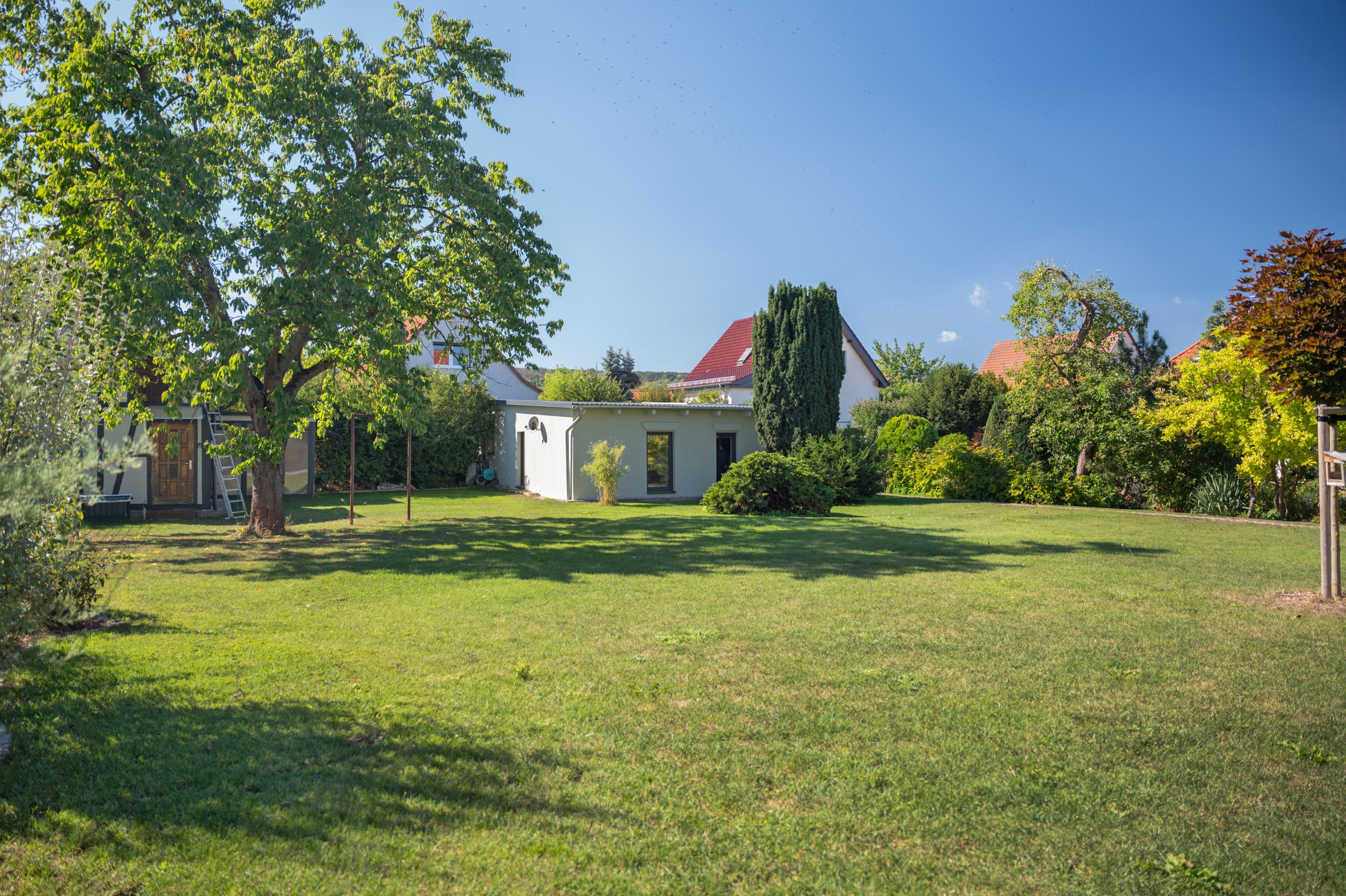 Ein Wohnhaus mit gepflegtem Rasen, verschiedenen Bäumen und einem Haus mit rotem Dach.