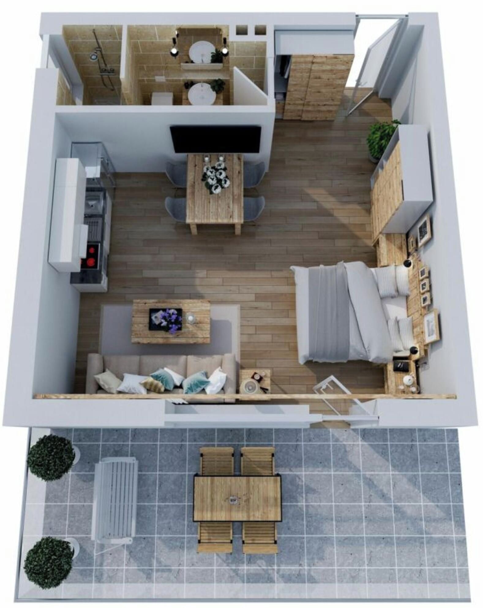 Un plan d’étage en 2D d’un appartement moderne comprenant un espace de vie, une kitchenette et un petit balcon.