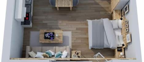 A 2D floor plan of a modern apartment with a living area, kitchenette, and a small balcony.