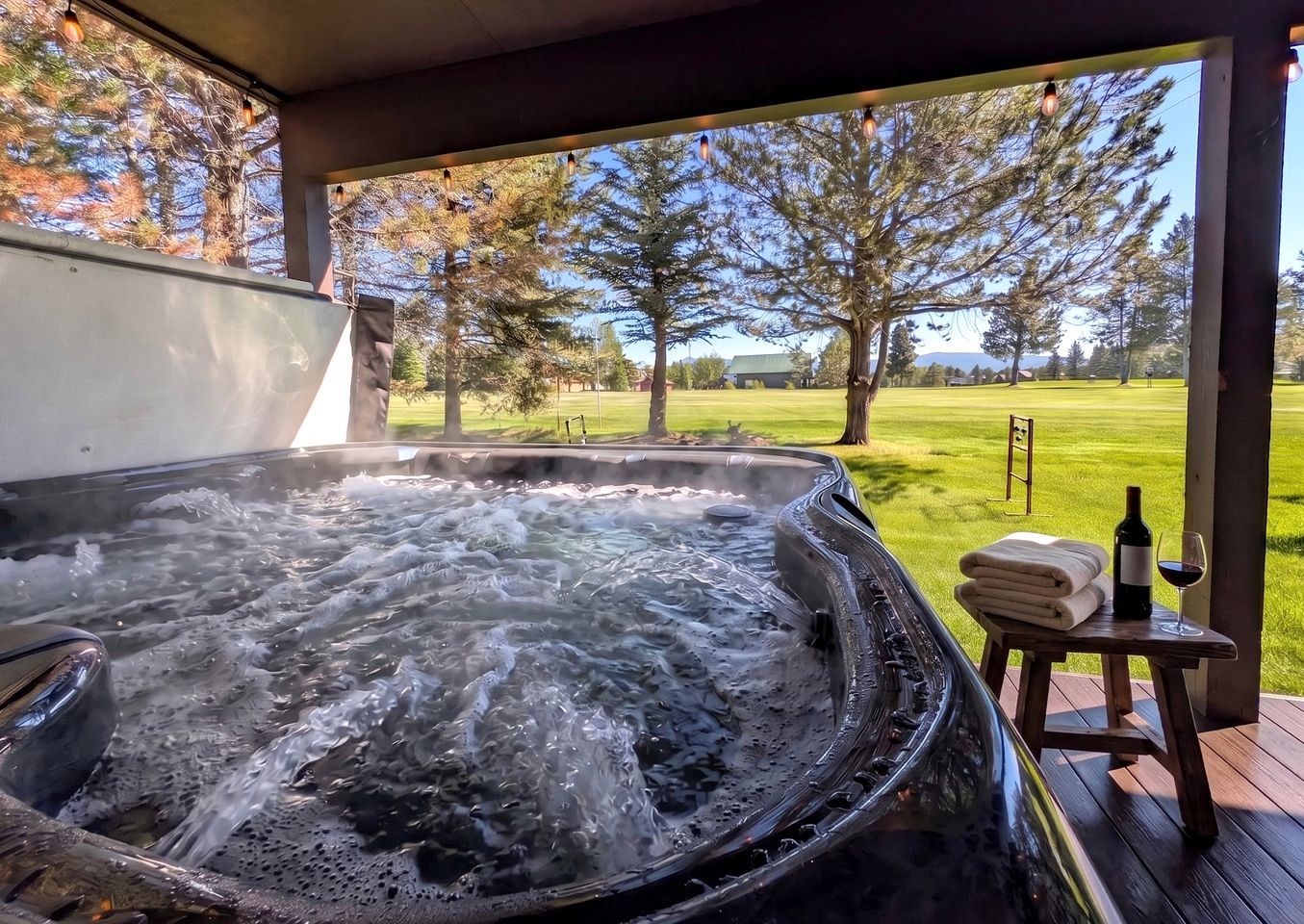 A hot tub with a view of a golf course and trees.