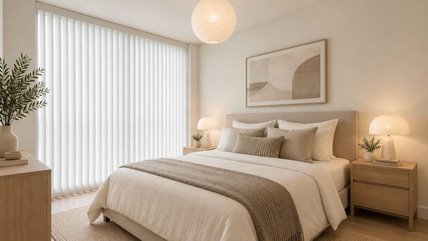 Quarto moderno com uma cama grande, abajures, janela com persianas e uma obra de arte emoldurada na parede.