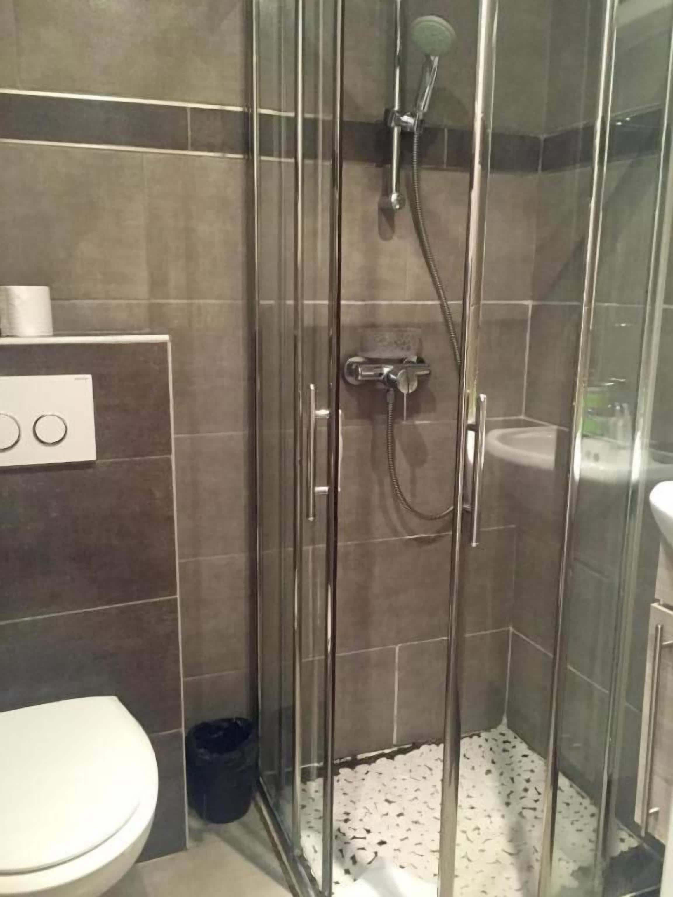 Une cabine de douche fermée par des parois en verre, dotée d’un pommeau de douche à main et d’un robinet fixé au mur.