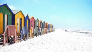 A row of colorful beach huts with steps leading up to them, situated on a sandy beach. - Discover Cape Town from Your Stylish Upper Claremont Garden Cottage (Cape Town)