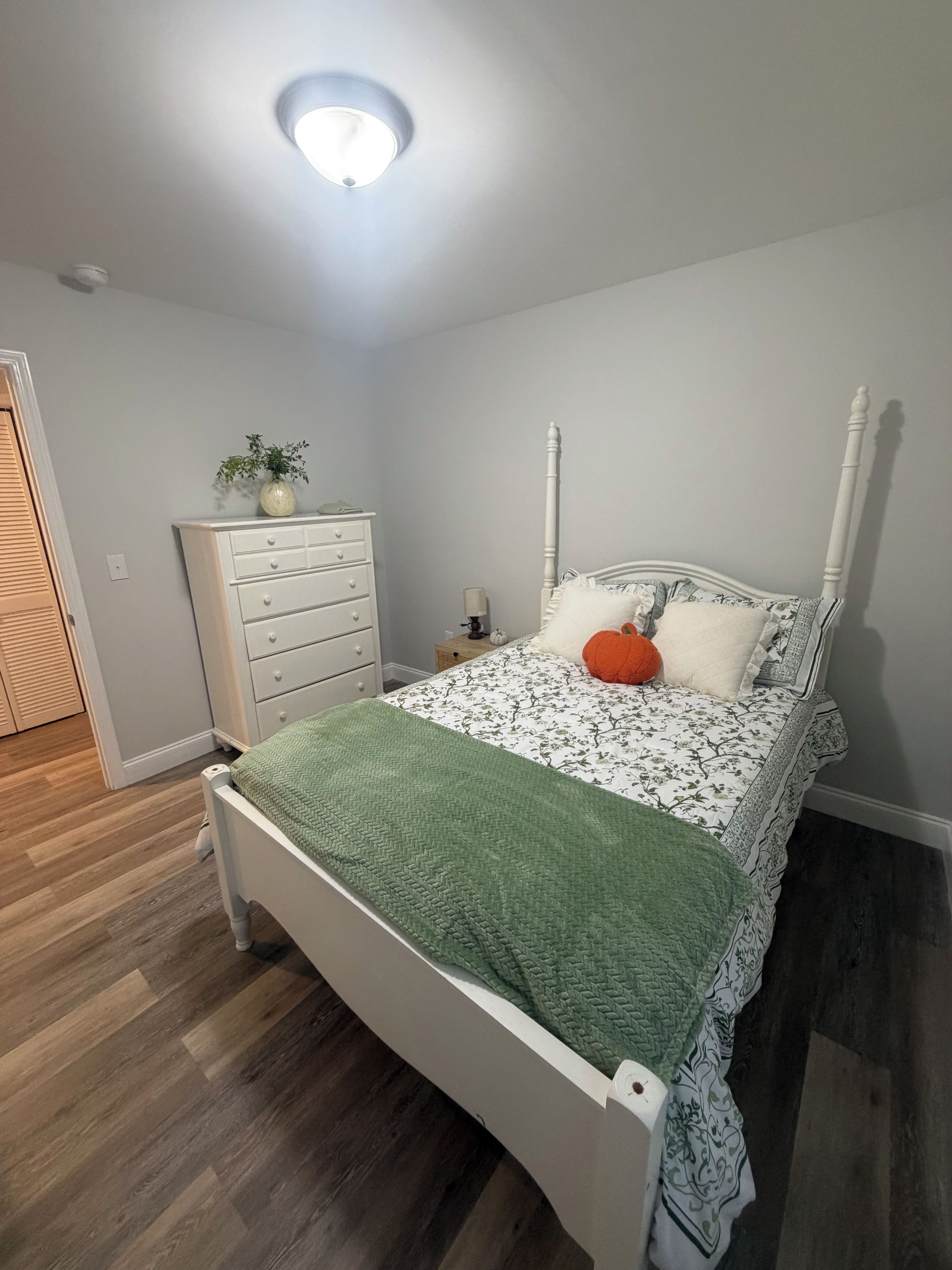 A bedroom with a bed, a dresser, a nightstand, and a ceiling light.