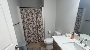 Kylpyhuone, jossa on suihku, wc ja pesuallas.