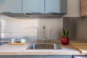 A modern kitchen with a stainless steel sink, a potted plant, and two mugs on a wooden tray. - ZAGARA DI MARE (Palermo)